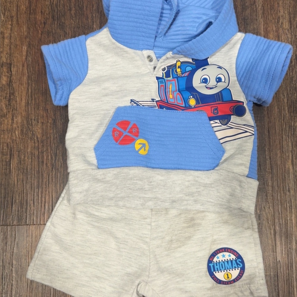 Thomas & Friends Blue and Gray Hooded Short Romper